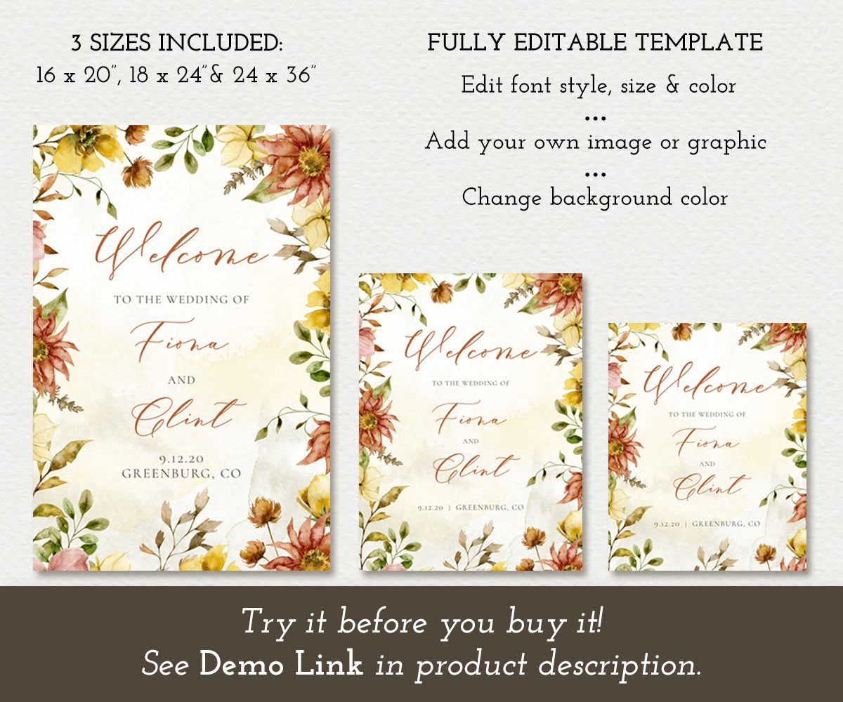 Rustic Fall Floral Wedding Welcome signs in three sizes