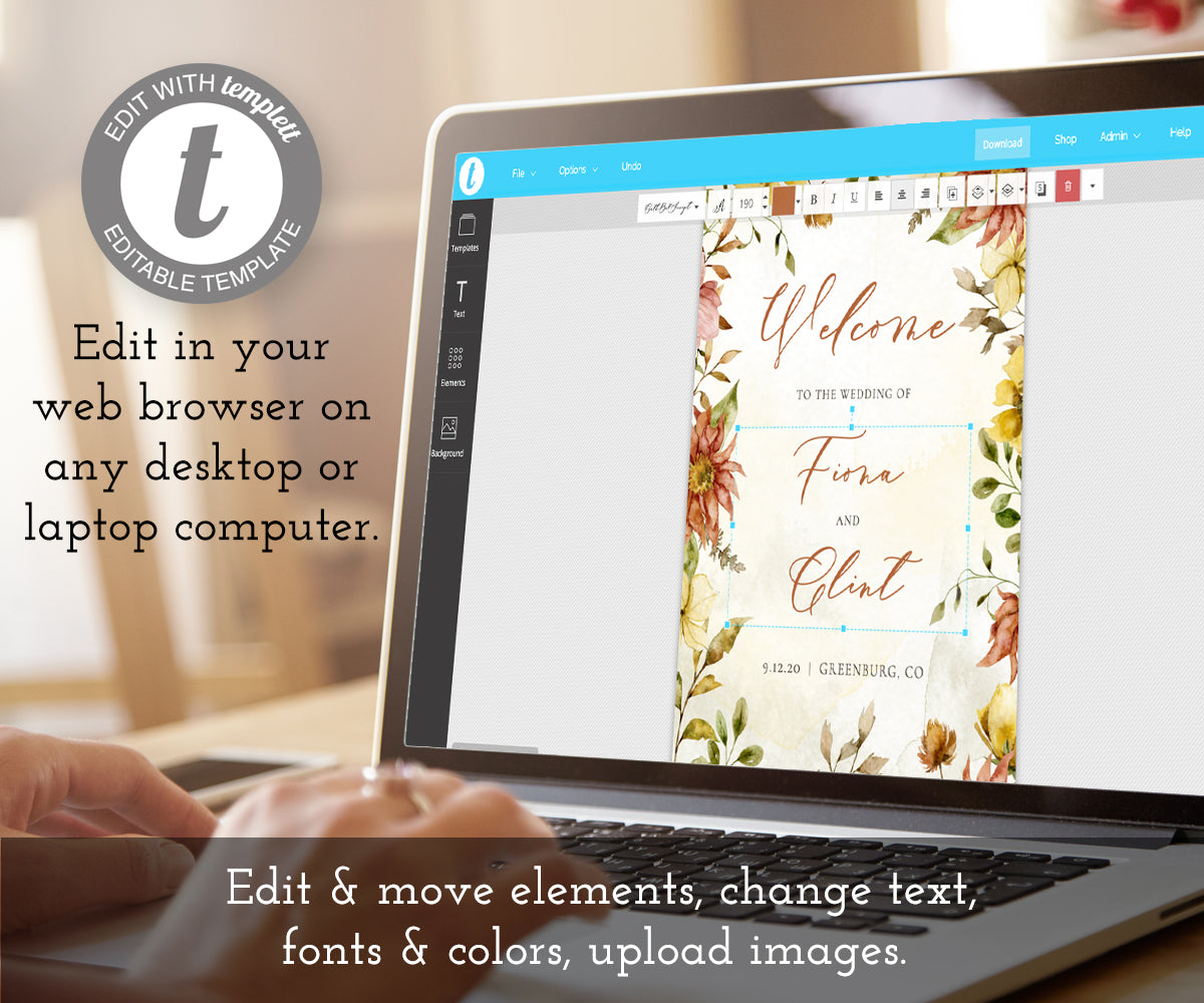 Edit online at templett.com Rustic Fall Floral Wedding Welcome Sign template