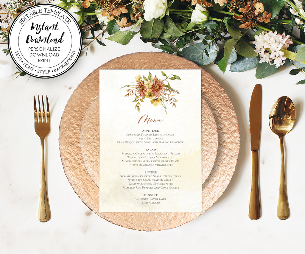Rustic Fall floral wedding menu