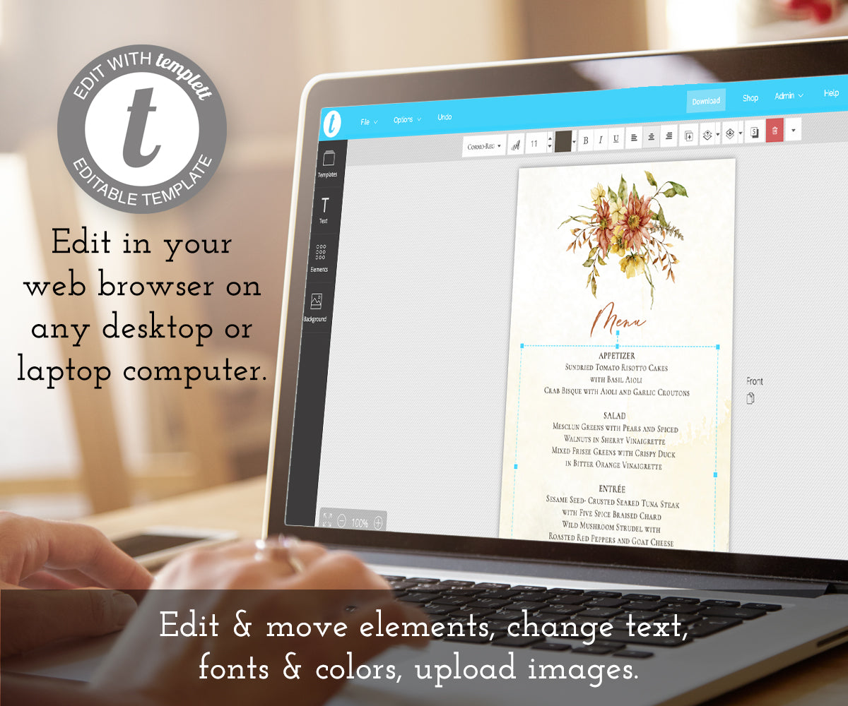 Edit online at templett.com Rustic Fall floral wedding menu template