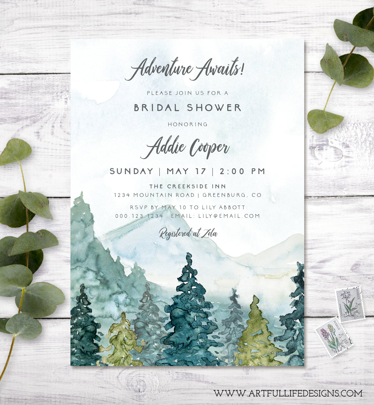 Adventure Awaits mountains and pines rustic bridal shower invitation