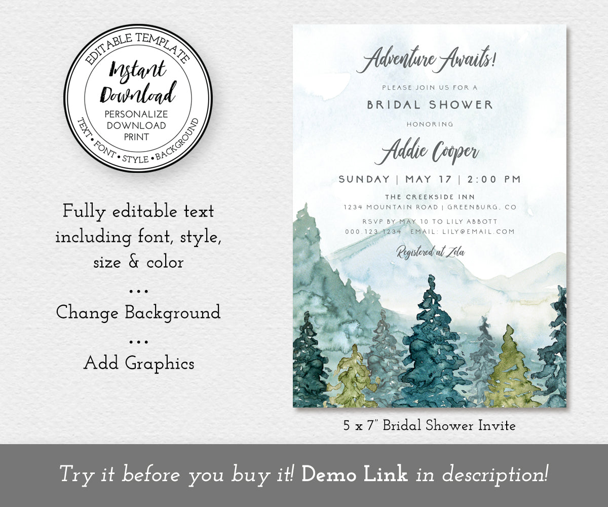 Adventure Awaits mountains and pines rustic bridal shower invitation editable template