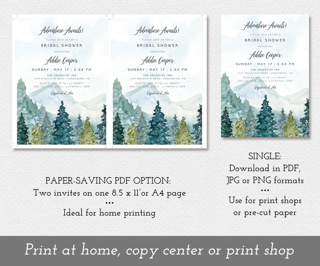 Paper saving options for Adventure Awaits mountains and pines rustic bridal shower invitation template
