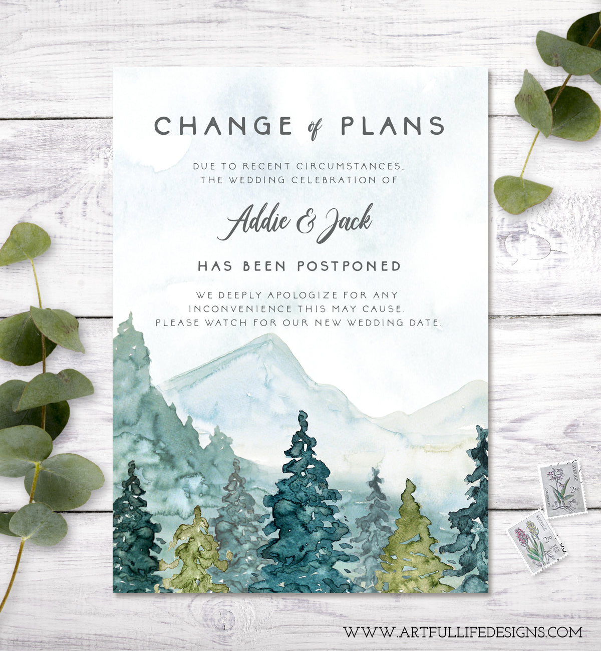 Change of Plans, Postponed Wedding Announcement, Rescheduled Wedding Card, Editable Template, Instant Download Watercolor Mountains Trees