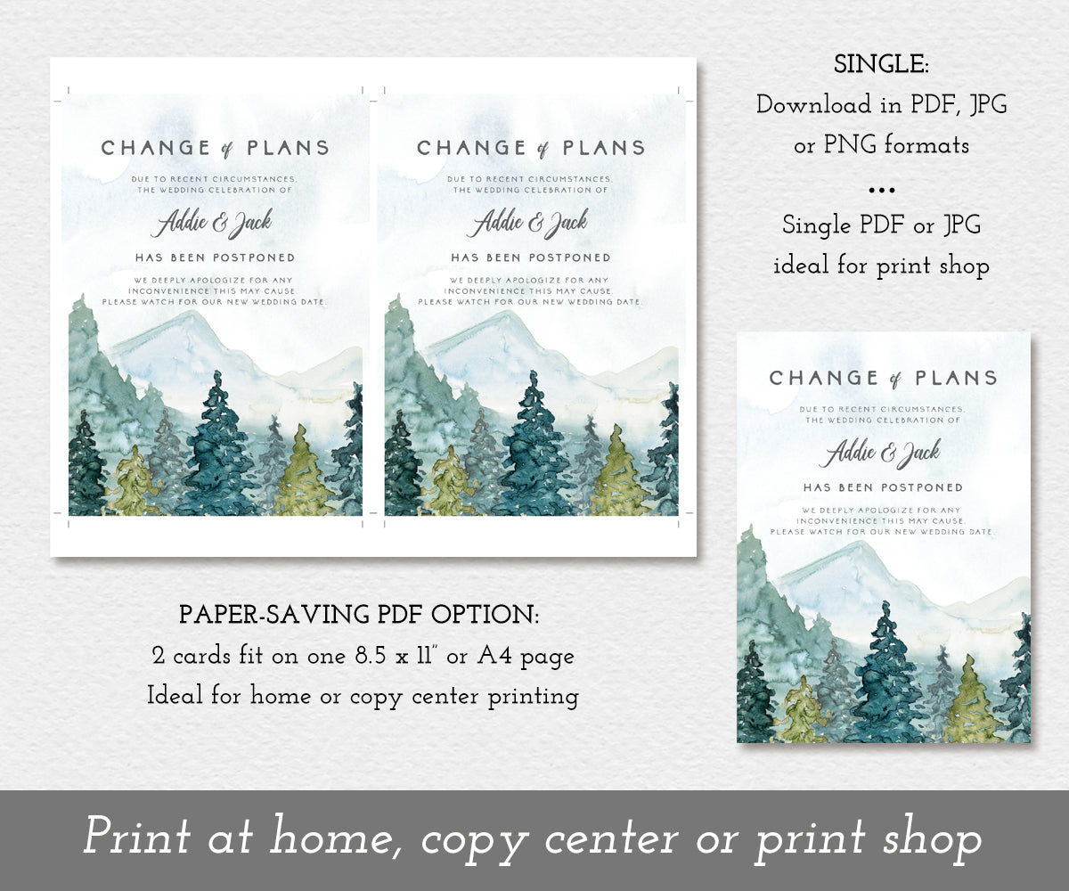 Change of Plans, Postponed Wedding Announcement, Rescheduled Wedding Card, Editable Template, Instant Download ,Watercolor Mountains Trees, Download Options