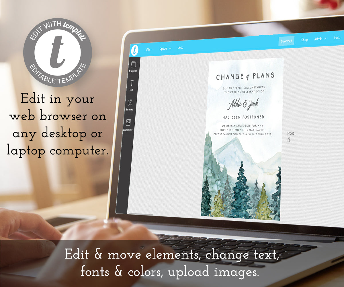 Change of Plans, Postponed Wedding Announcement, Rescheduled Wedding Card, Editable Template, Instant Download Watercolor Mountains Trees, How to Edit on Templett