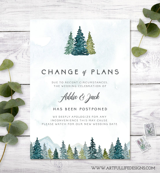 Change of Plans, Postponed Wedding Announcement, Rescheduled Wedding Postcard, Editable Template, Instant Download, Mountains Trees