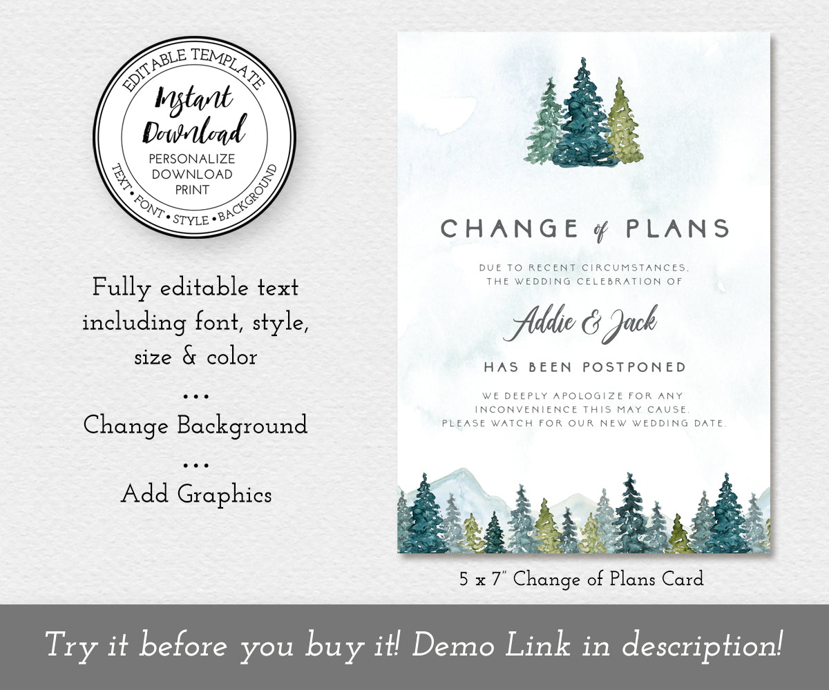 Change of Plans, Postponed Wedding Announcement, Rescheduled Wedding Postcard, Editable Template, Instant Download, Mountains Trees