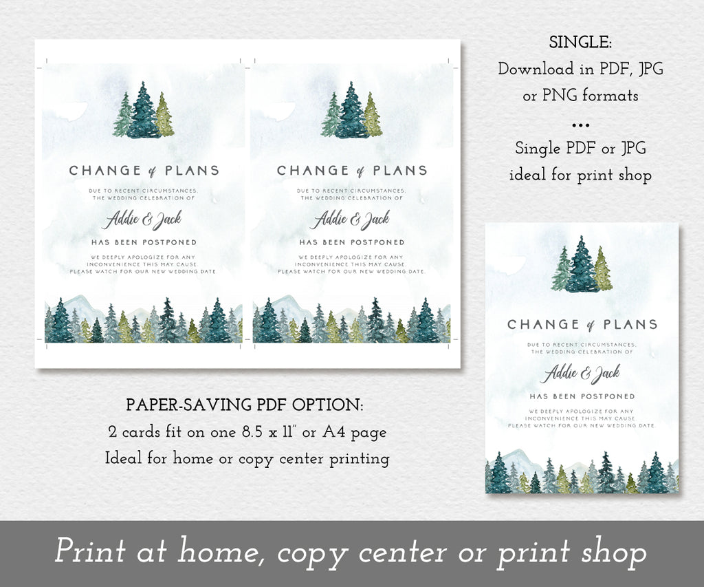 Change of Plans, Postponed Wedding Announcement, Rescheduled Wedding Postcard, Editable Template, Instant Download, Mountains Trees, Download options