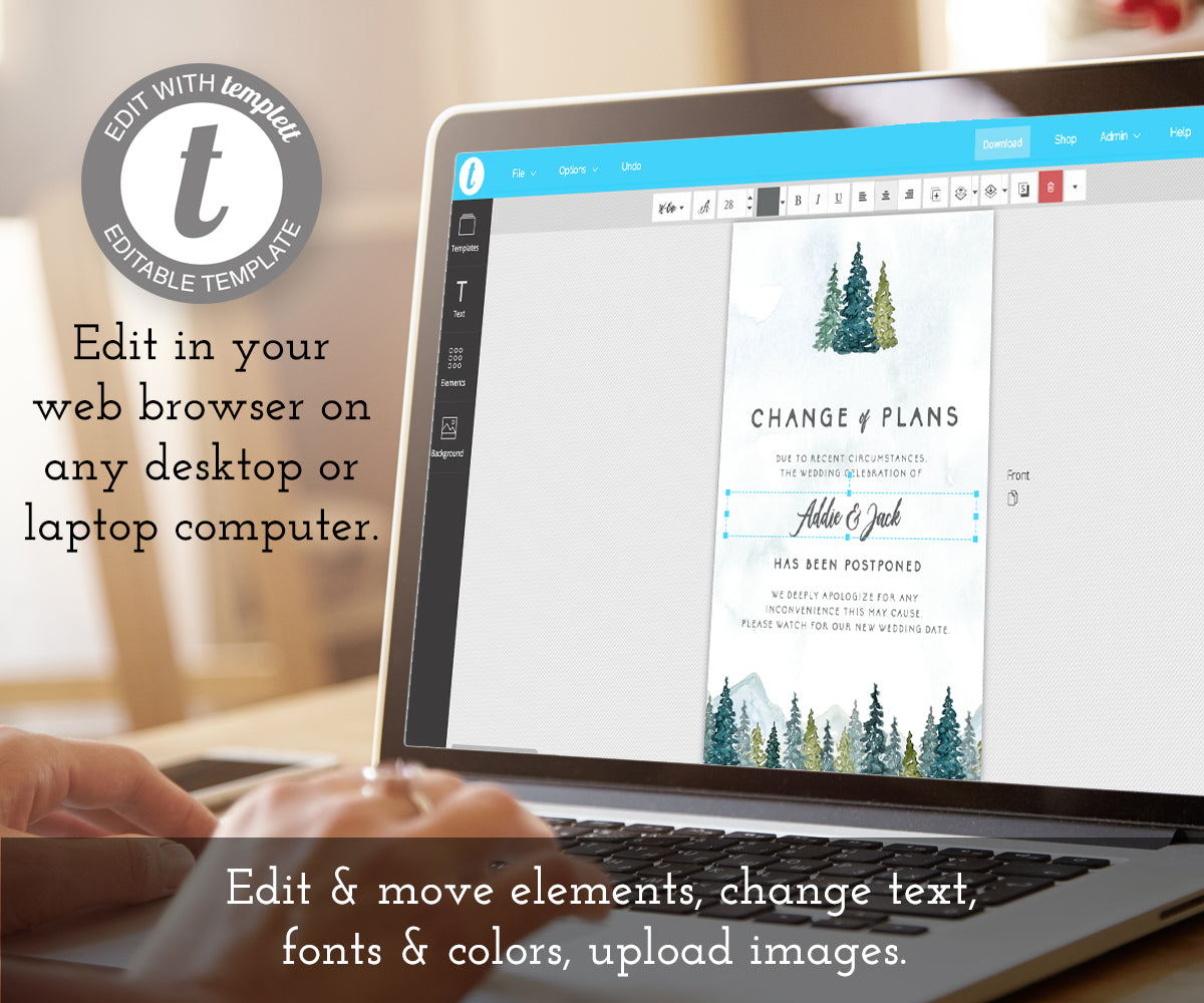 Change of Plans, Postponed Wedding Announcement, Rescheduled Wedding Postcard, Editable Template, Instant Download, Mountains Trees, How to Edit on Templett