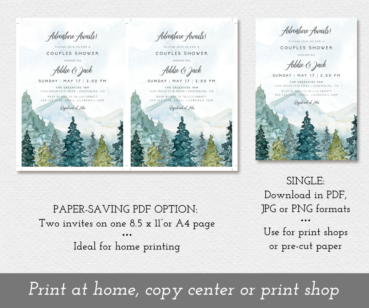 Paper saving option for Mountains and Pines Couples Shower Invitation Template