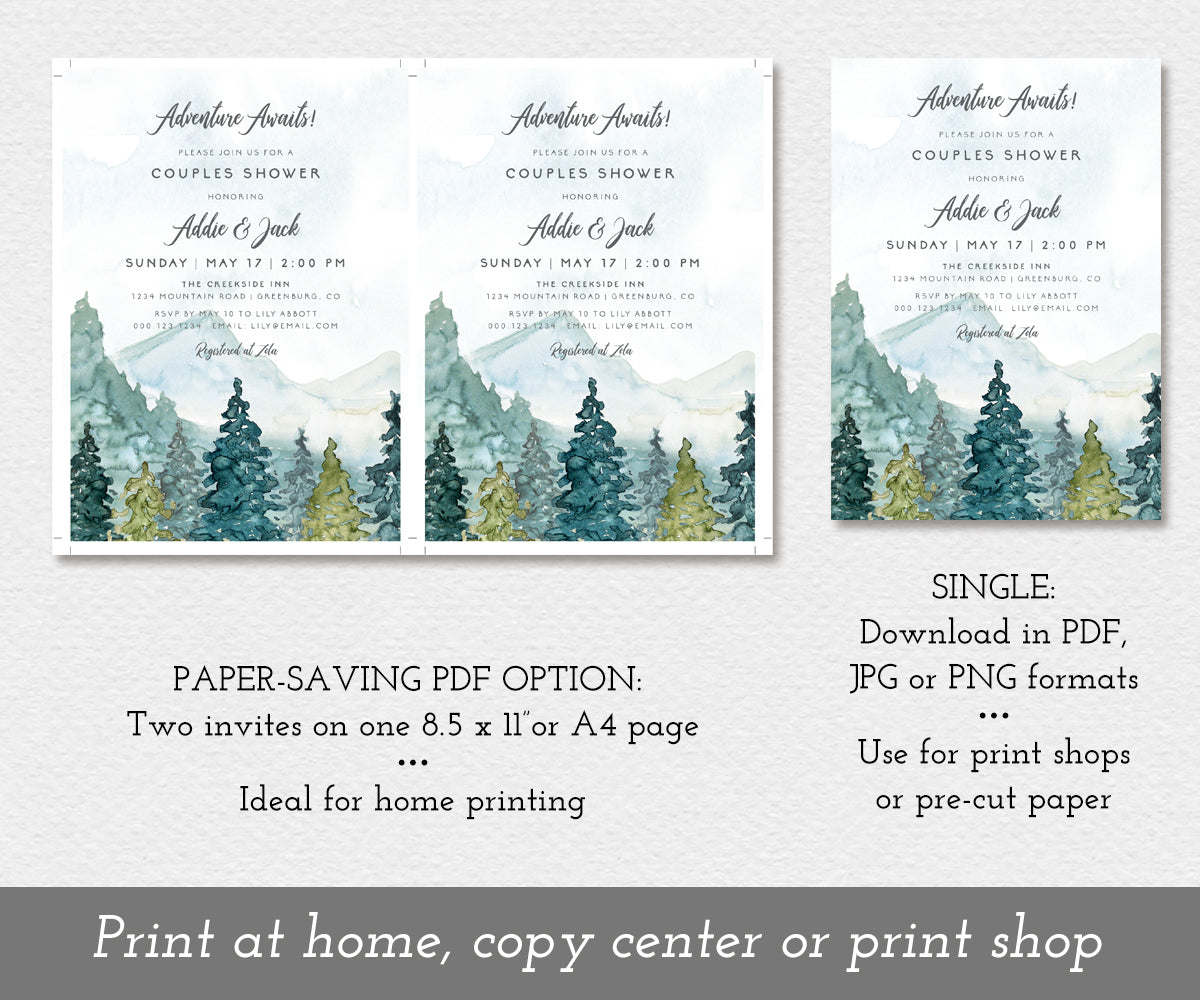 Paper saving option for Adventure Awaits Mountains Couples Shower invitation template