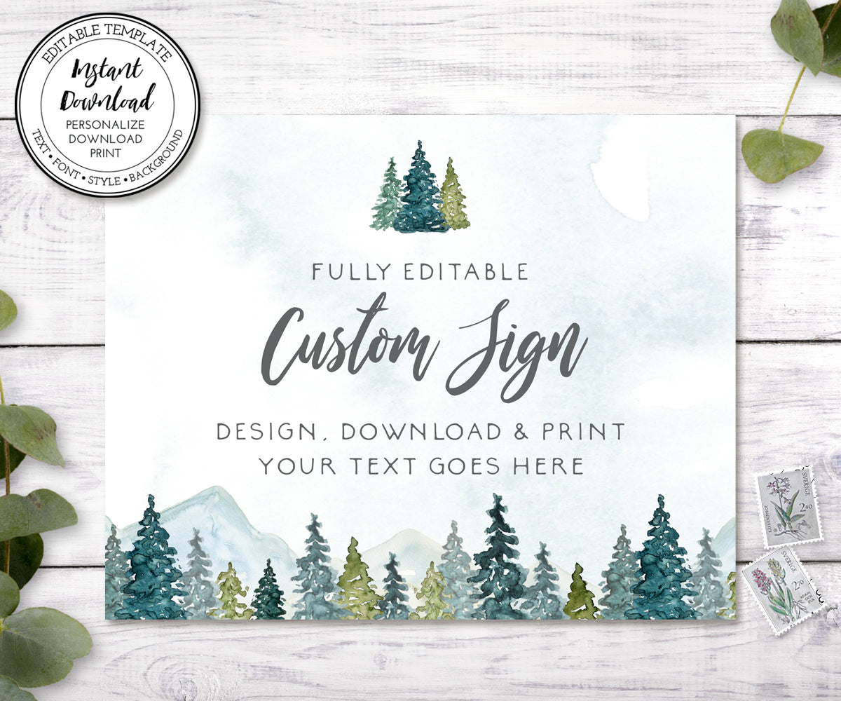 Mountains, pines custom sign, landscape format, create unlimited signs