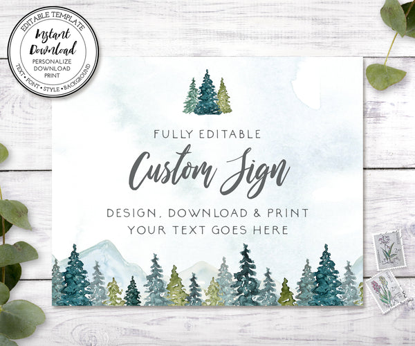 Mountains, pines custom sign, landscape format, create unlimited signs