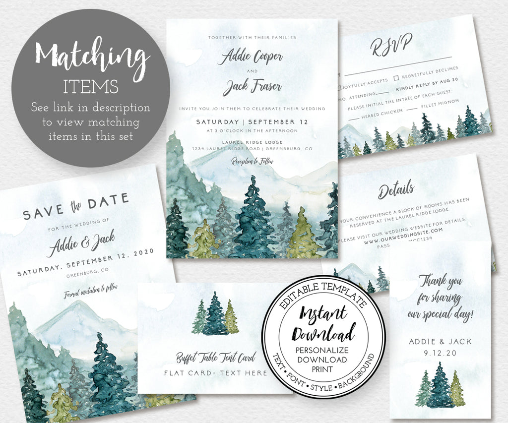 Artful Life Designs W107 Wedding Stationery rustic mountains pines, with matching items