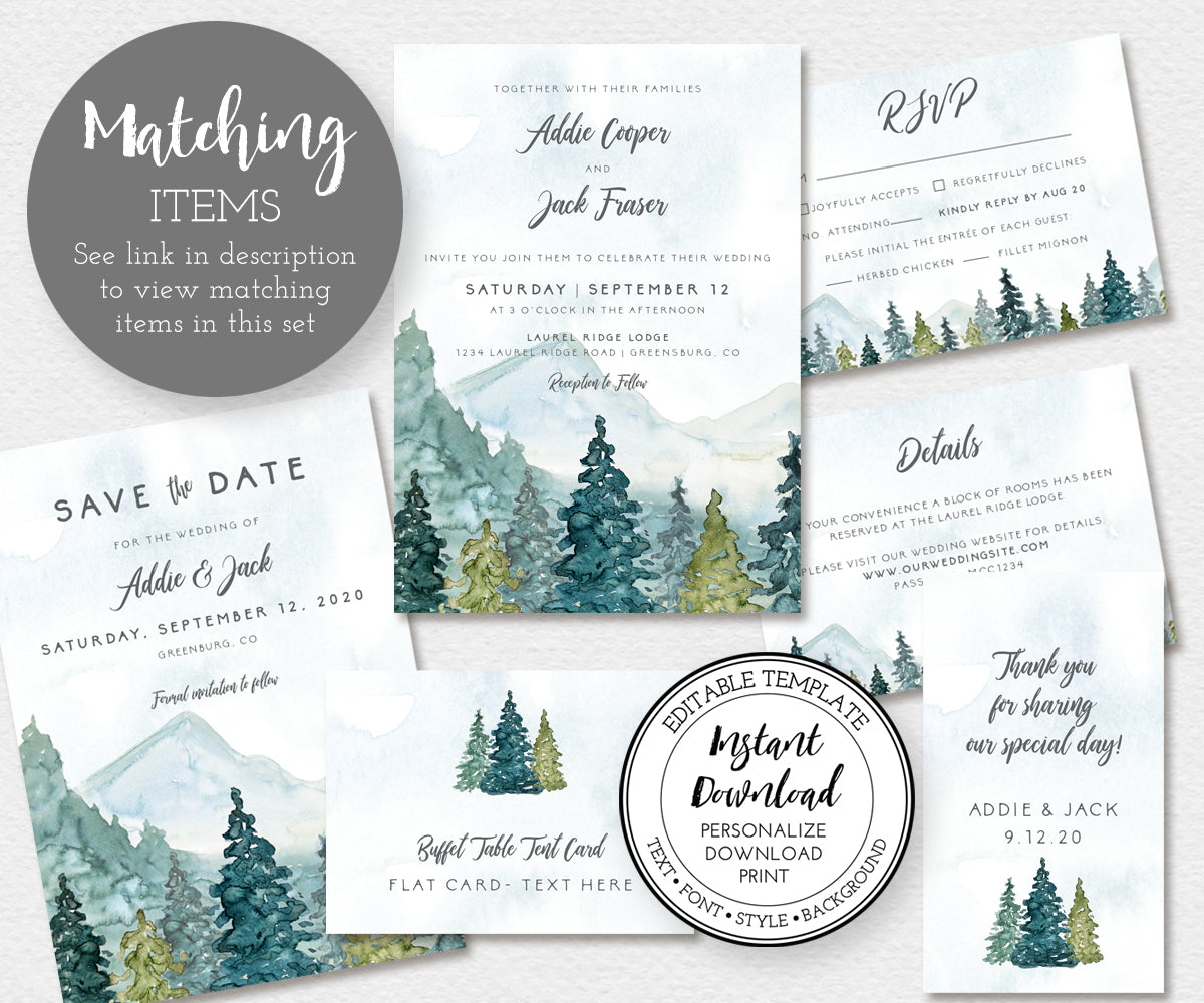 Artful Life Designs W107 Mountain and Pines Wedding stationery and matching items