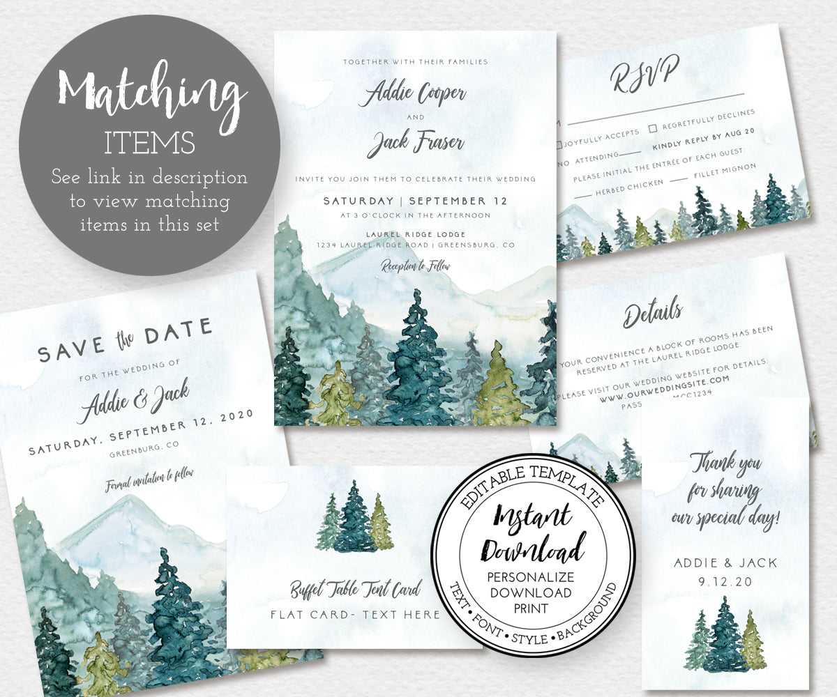 W107 Rustic mountains and pines wedding statonery & matching items