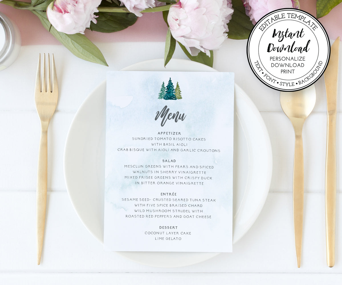 Rustic pines 5 x 7" wedding menu card