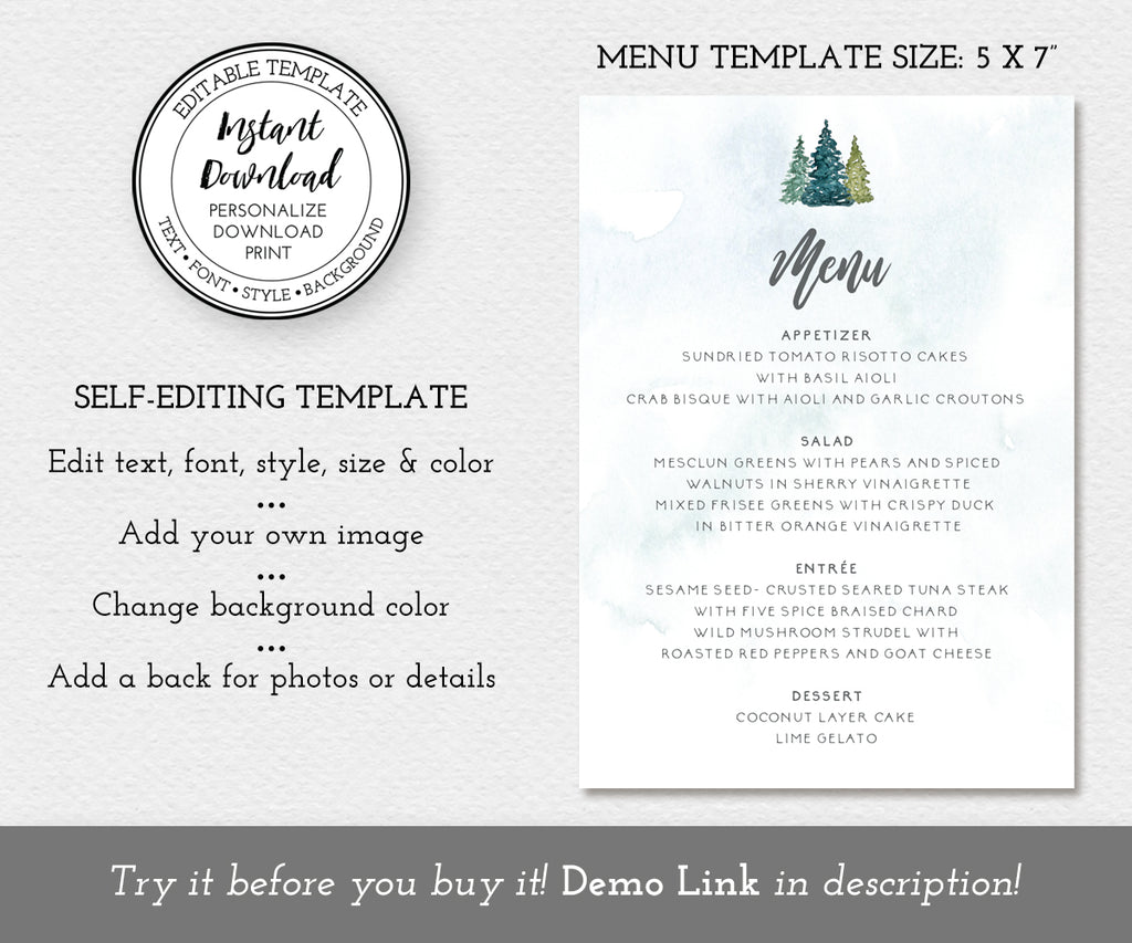 5 x 7" rustic pines menu card template