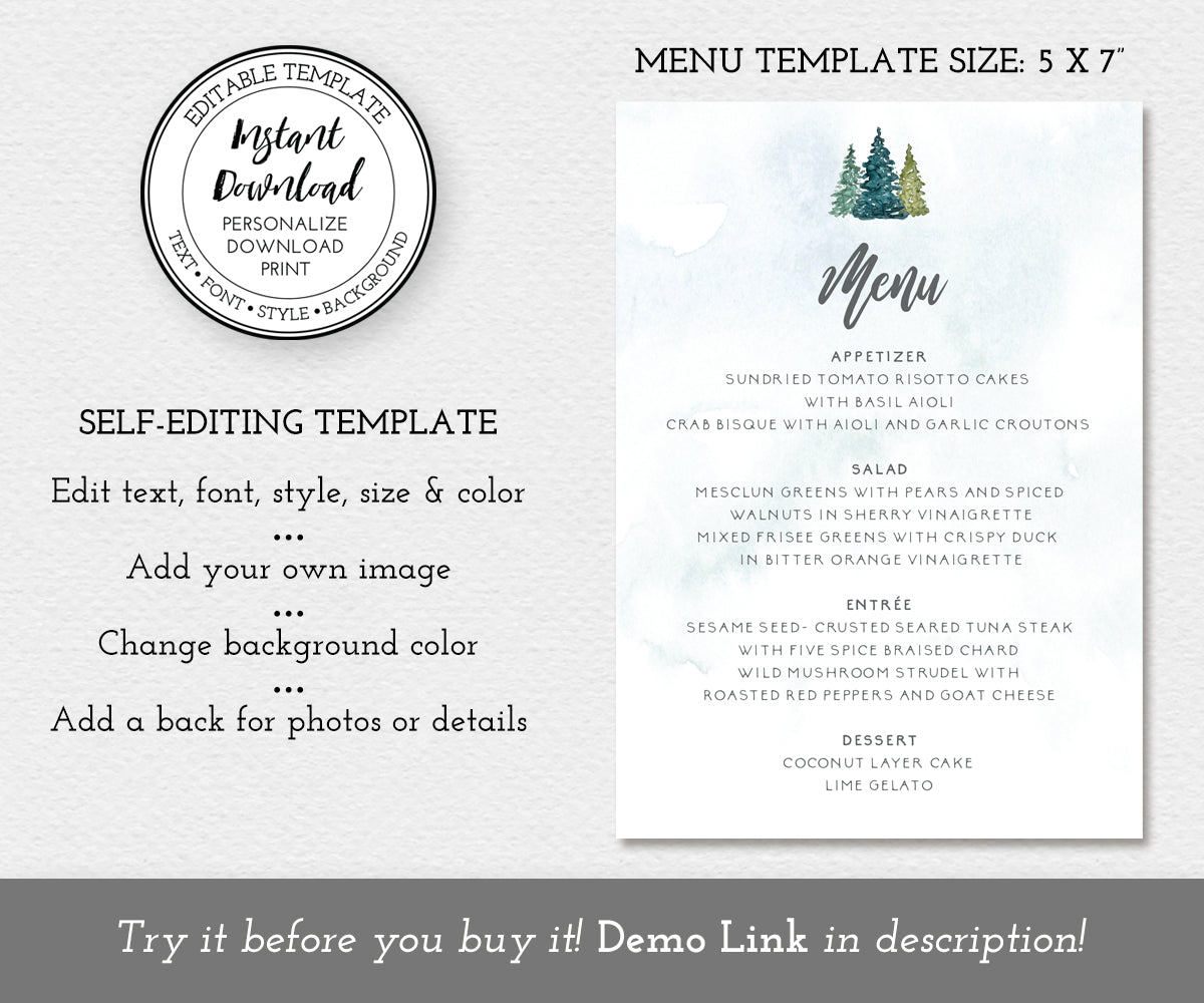 5 x 7" rustic pines menu card template