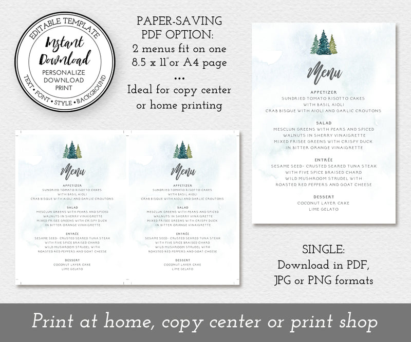 Rustic Pines Wedding Menu, Wedding Menu Card Template, DIY Printable M ...