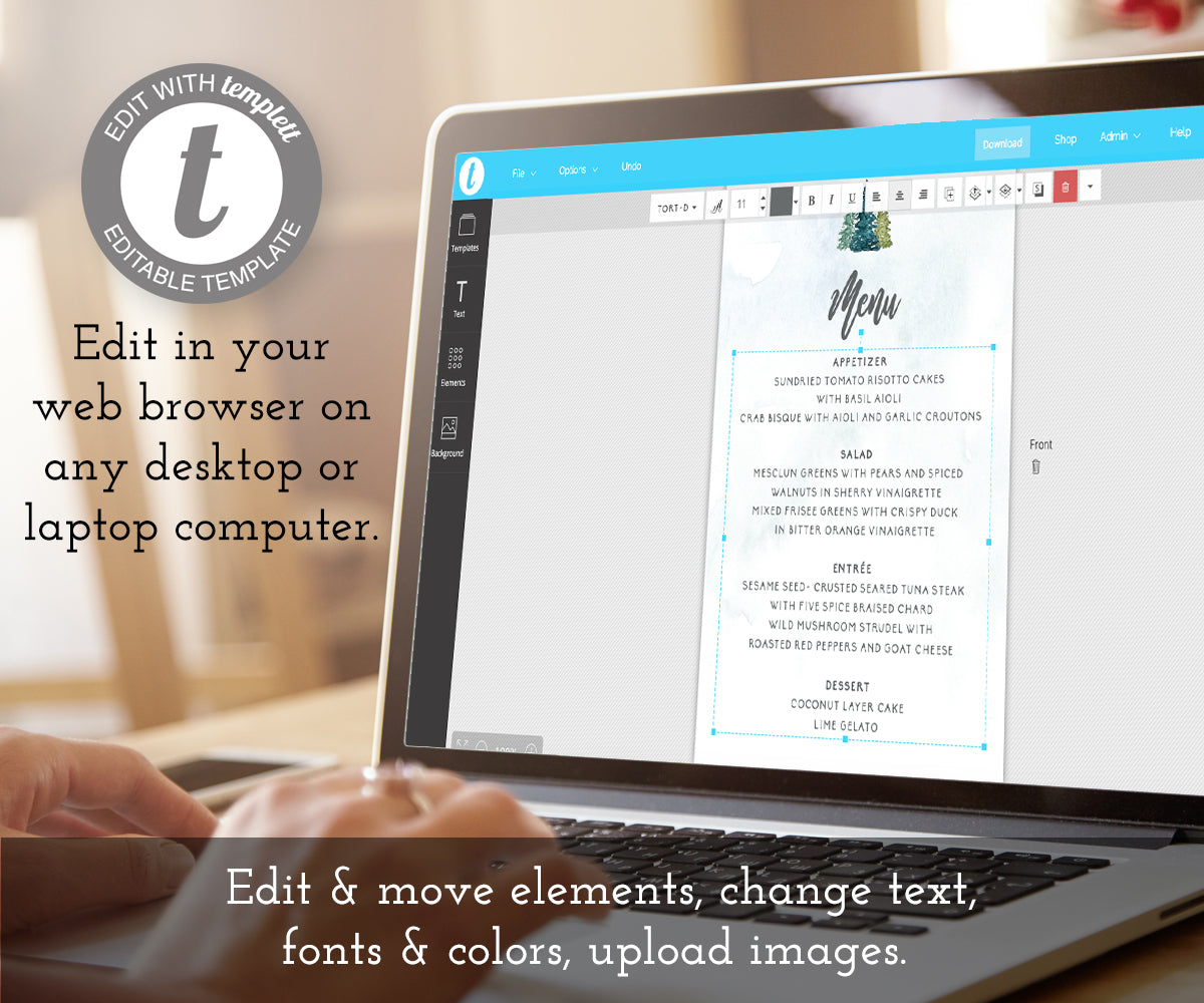 Edit online at templett, wedding menu card rustic pines