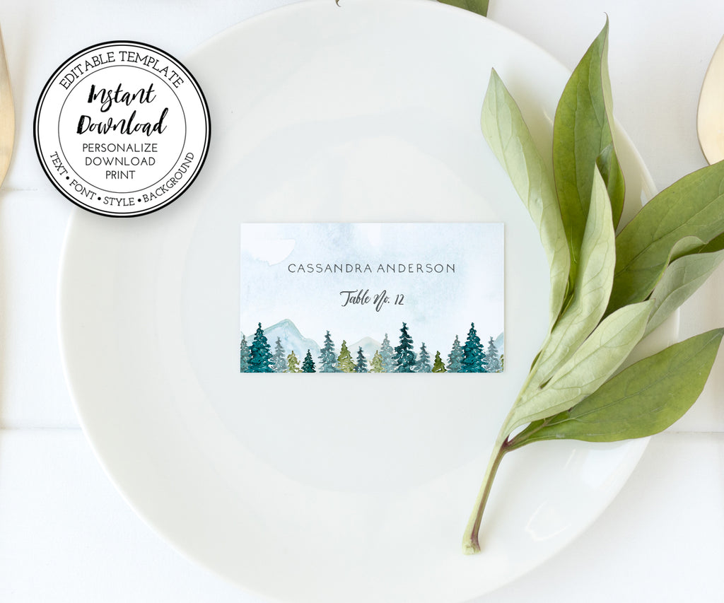 Wedding place card, seating card, rustic mountains pines flat version