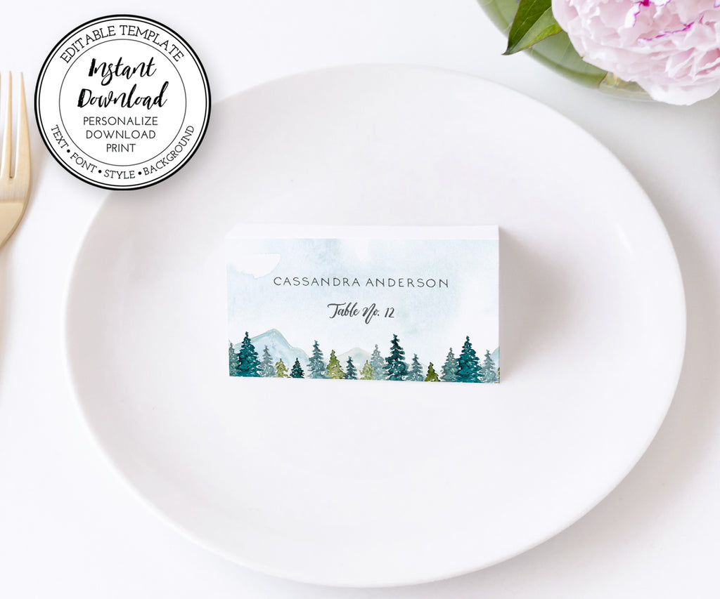 Wedding place card, seating card, rustic mountains pines folded tent version