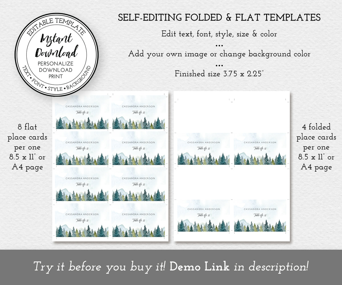 Paper saving option for wedding place cards, mountains and pines flat or folded place cards