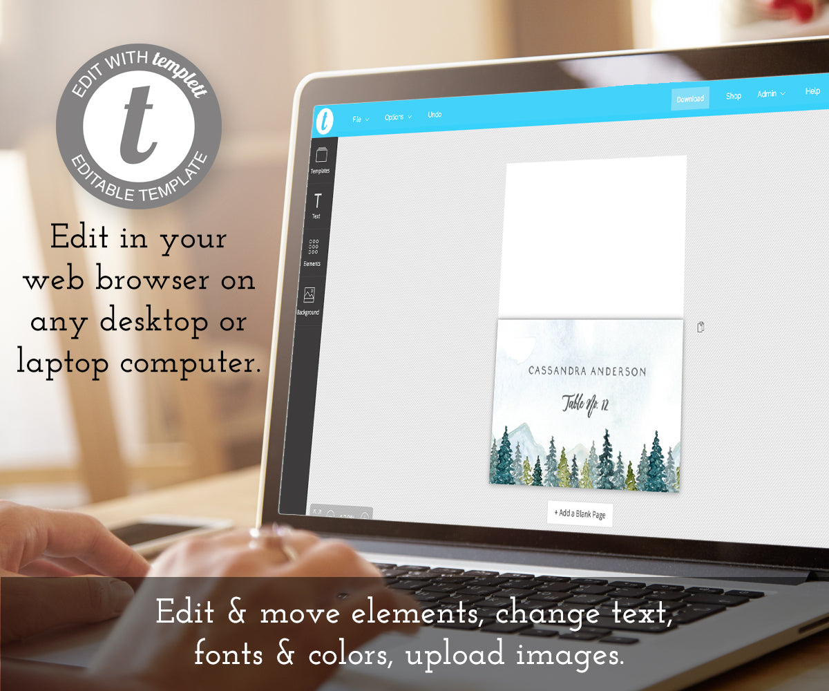 Edit online at templett, wedding place card template with mountains & pines