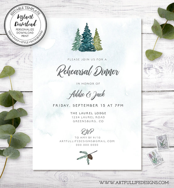 Rustic pines wedding rehearsal dinner invitation