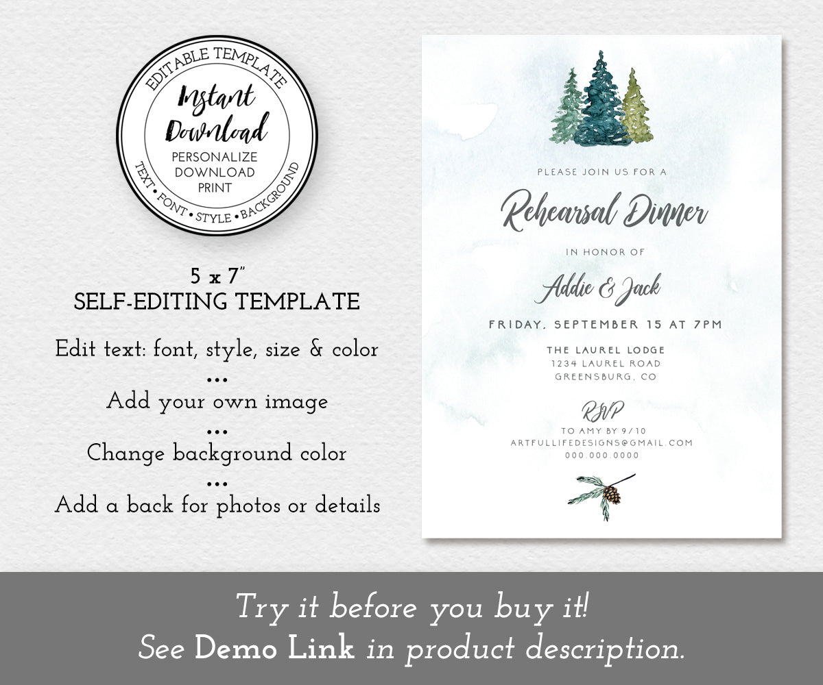 Rustic pines wedding rehearsal dinner invitation template 5 x 7"