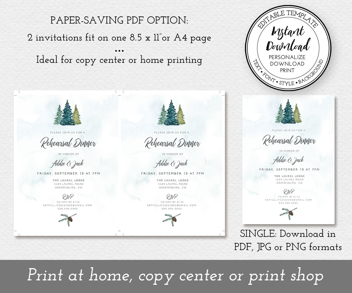 Paper saving option for rustic pines wedding rehearsal dinner invitation template