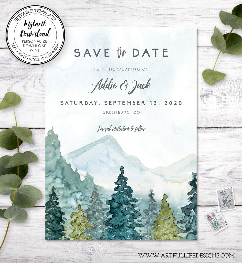 mountains pines save the date card