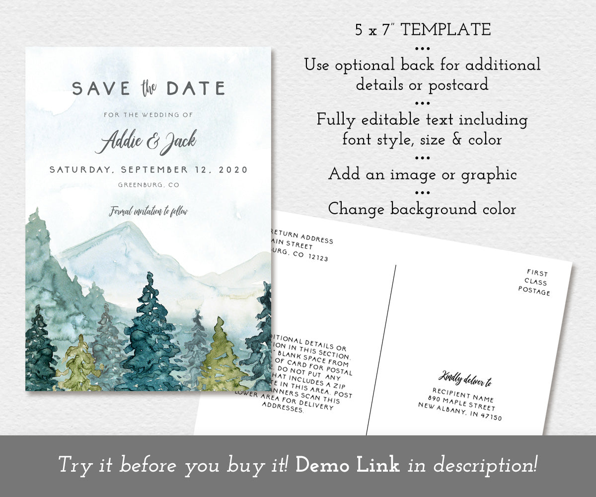 5 x 7" mountains pines save the date card template
