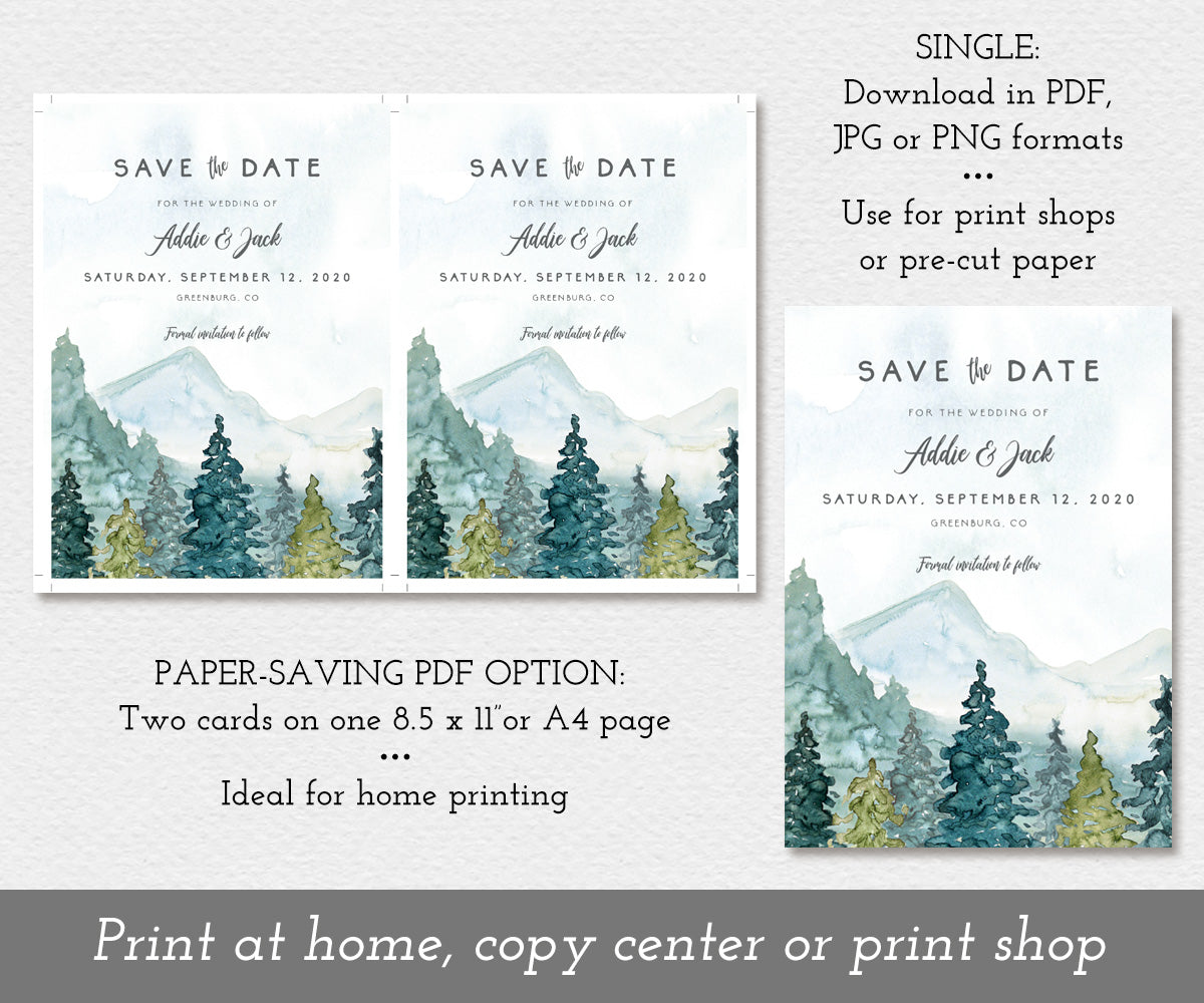 Paper saving option for rustic mountains pines wedding date, save the date card template