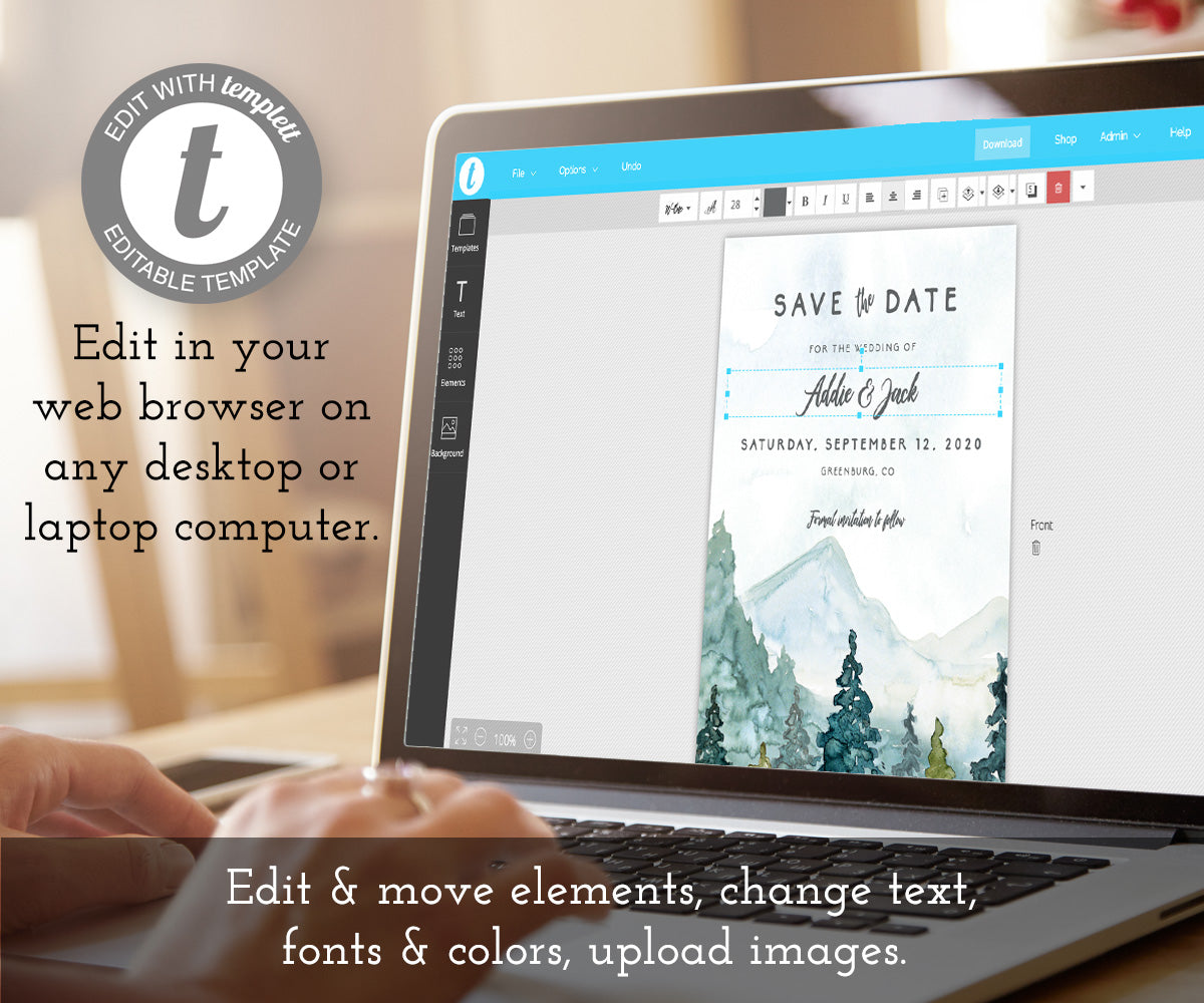 Edit online at templett, rustic mountains pines wedding date, save the date card template