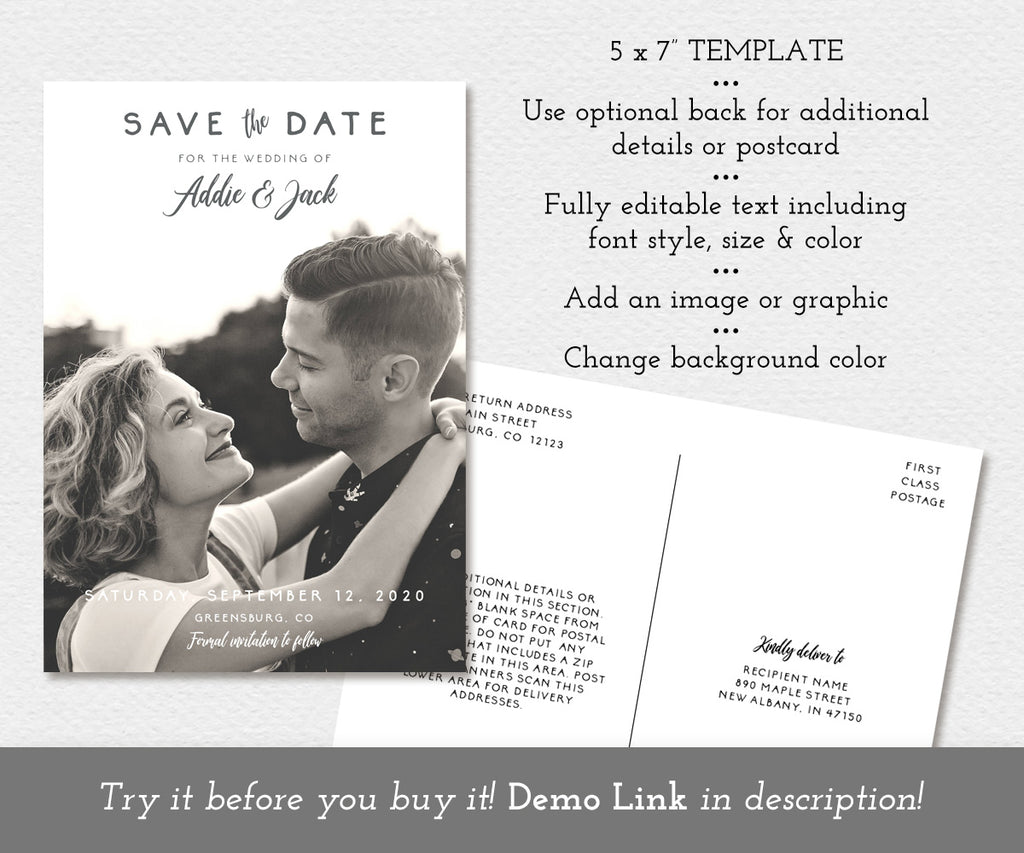 5 x 7" rustic photo save the date card with optional postcard back