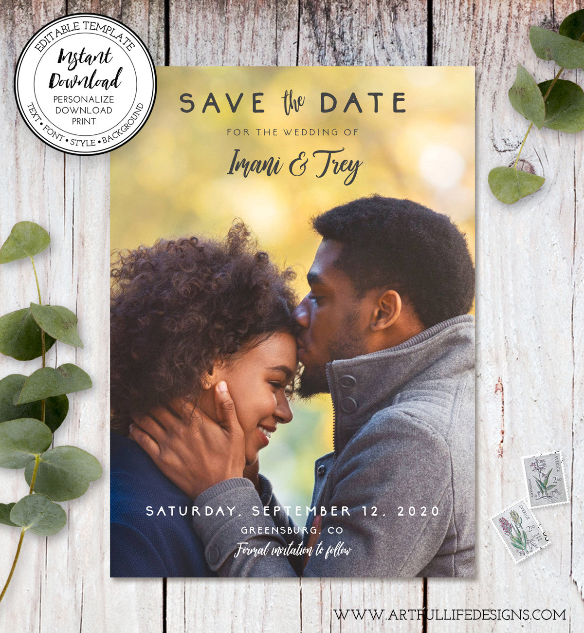 Rustic photo save the date card