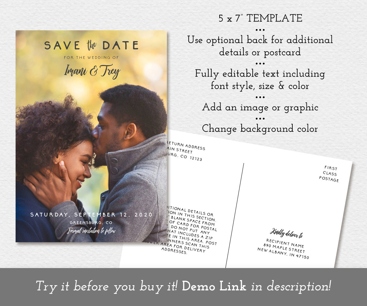5 x 7" photo save the date card with optional post card back