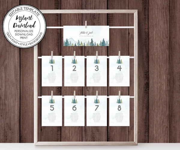 Rustic mountains pines wedding seating display with header and cards