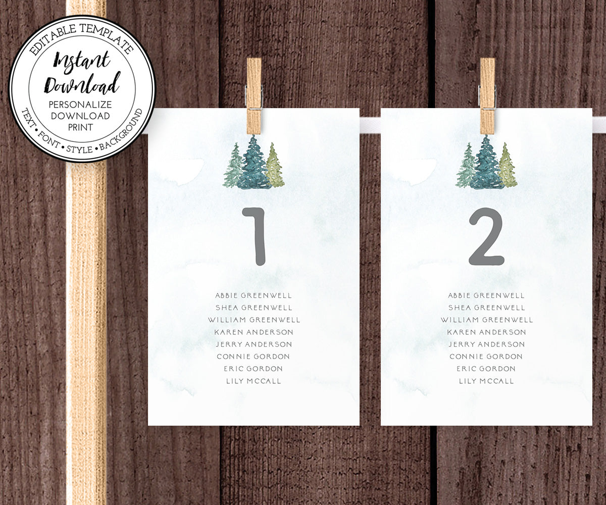 Rustic pines wedding seating chart cards