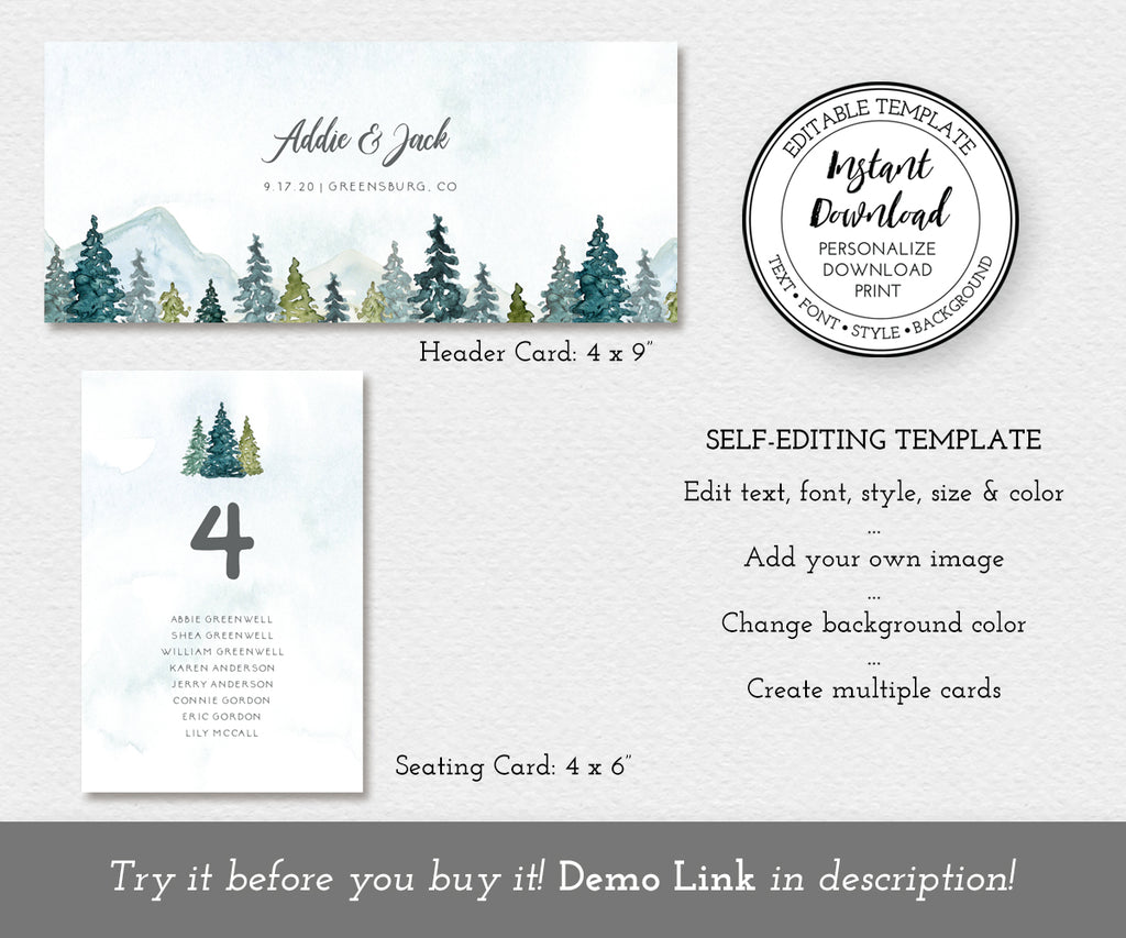 Wedding seating chart header and cards featuring rustic watercolor mountains and pines, self editing templates