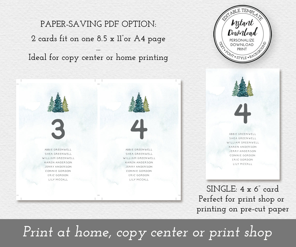 Paper saving option for rustic pines wedding seating chart cards