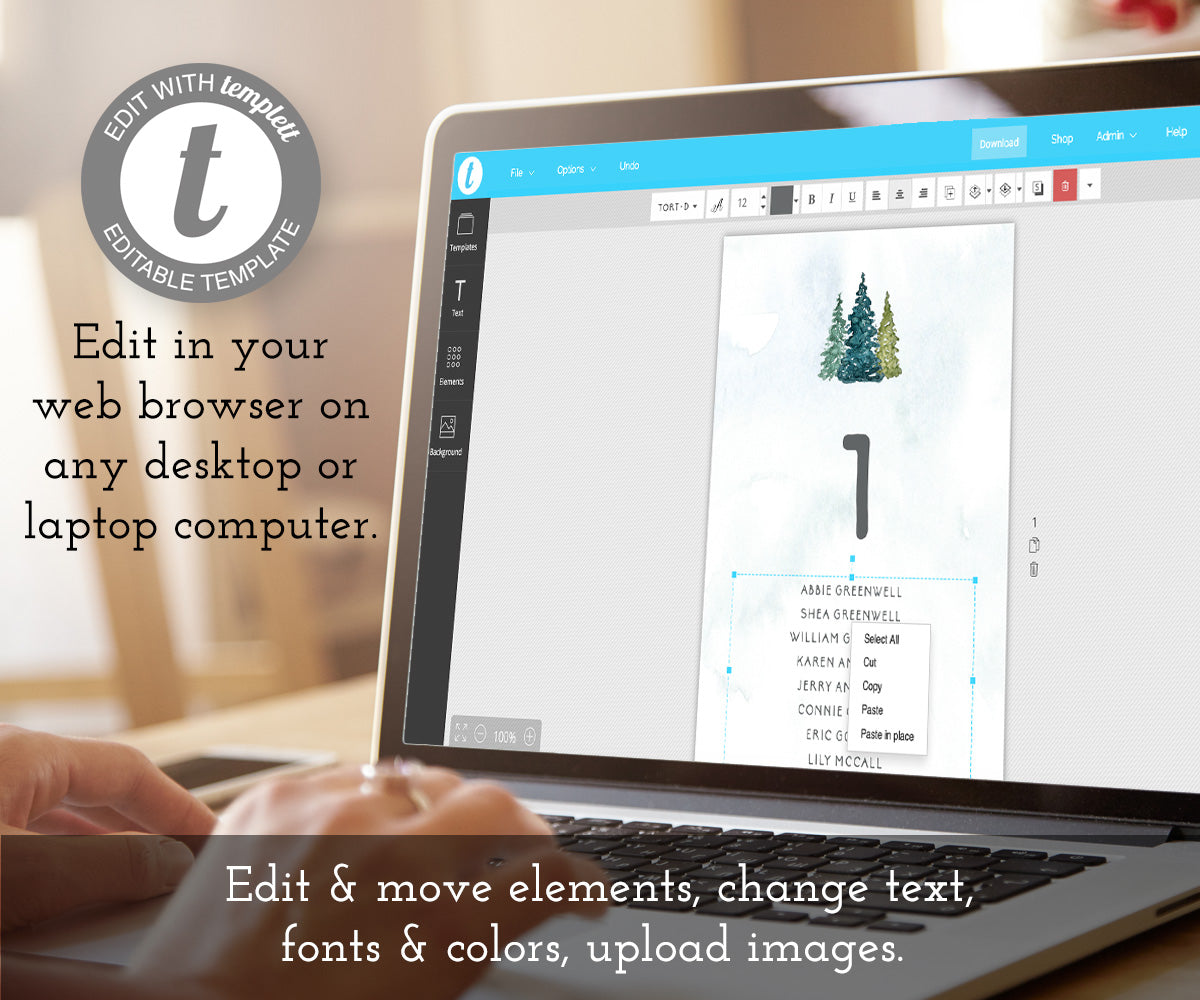 Edit online at templett, rustic pines wedding seating chart cards template