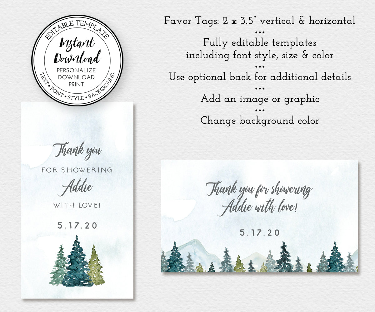 Vertical and horizontal rustic mountain pines favor tags