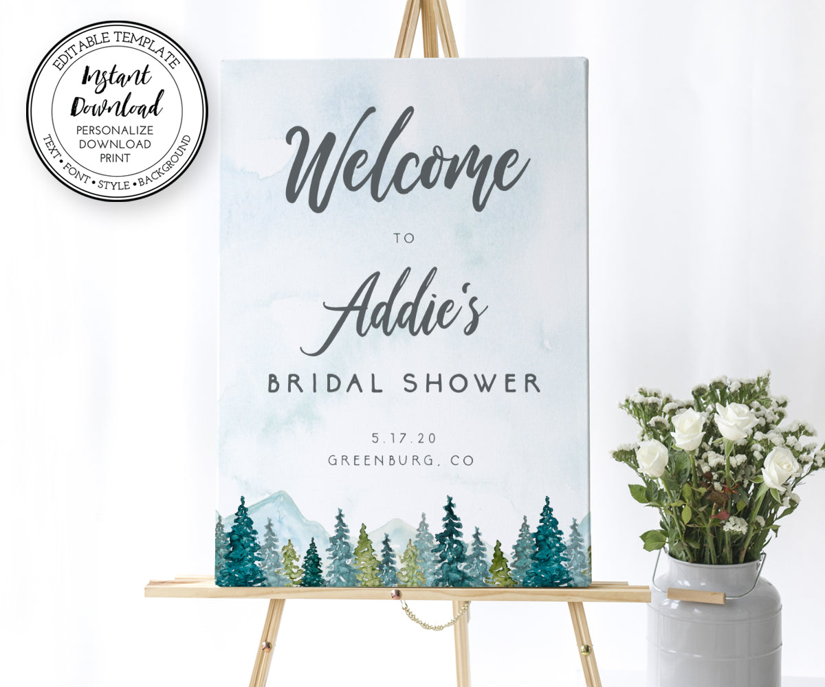 Mountains Pines bridal shower welcome sign