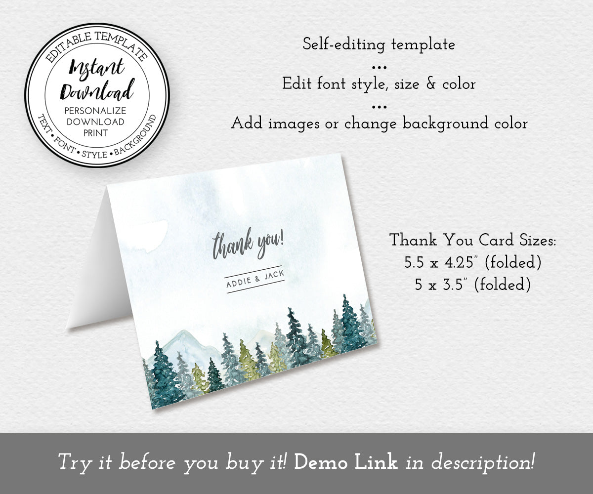 Mountains and forest wedding or shower folded thank you card editable template.