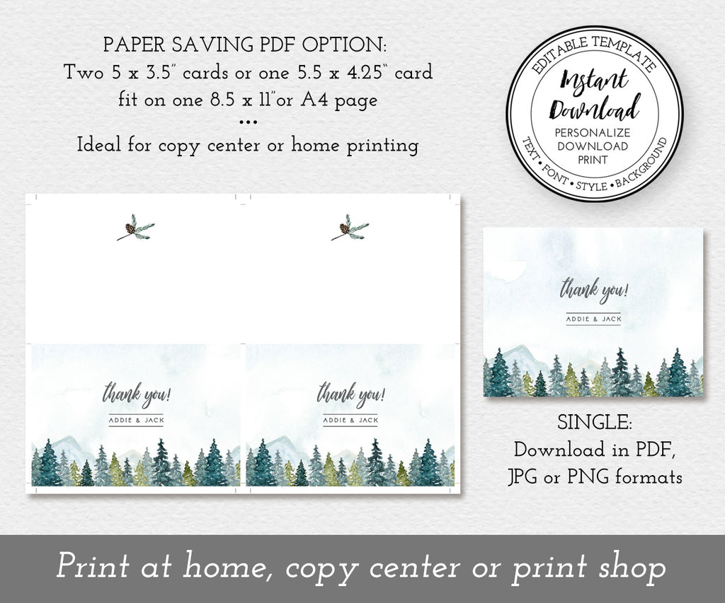 Paper saving option for Mountains Pines rustic wedding or shower thank you card