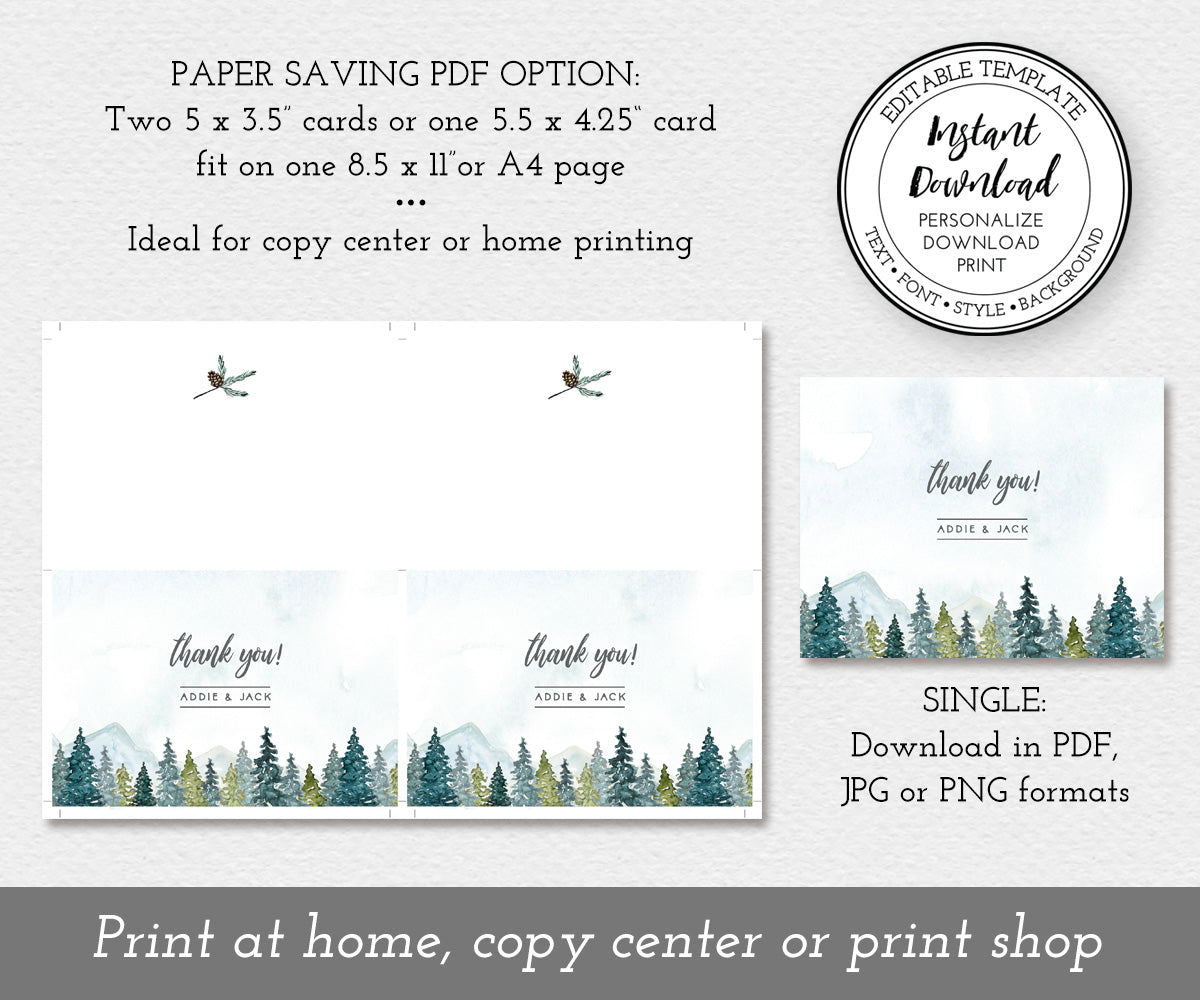 Download option for Mountains and forest wedding or shower thank you card, two per sheet or single card. 